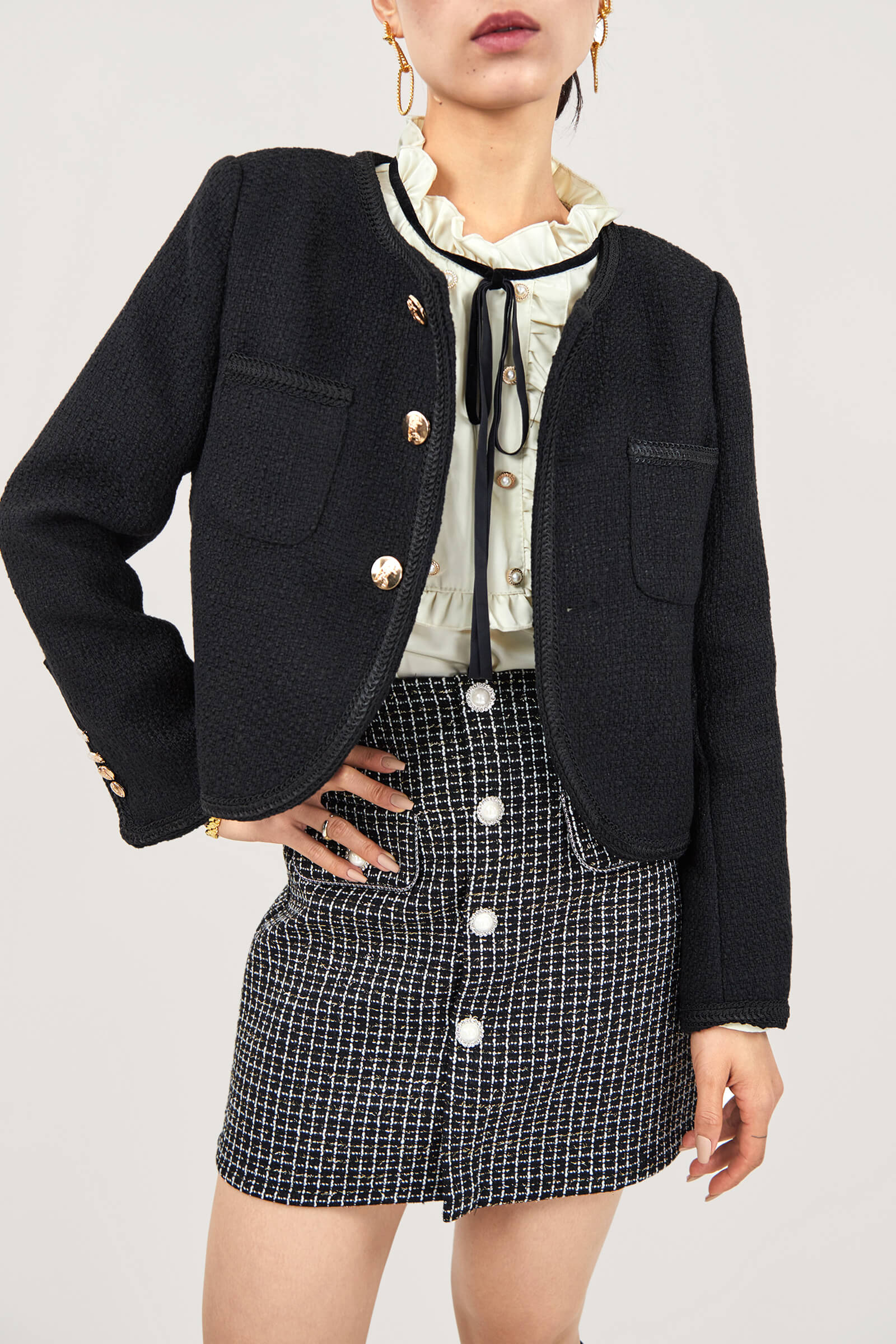 Black Frenchy Button Front Detail Tweed Jacket