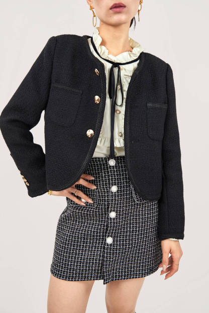 Black Frenchy Button Front Detail Tweed Jacket