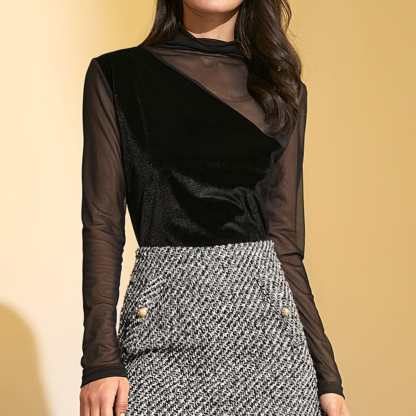 Black Long Sleeve Lace Mesh Mock Neck Blouse