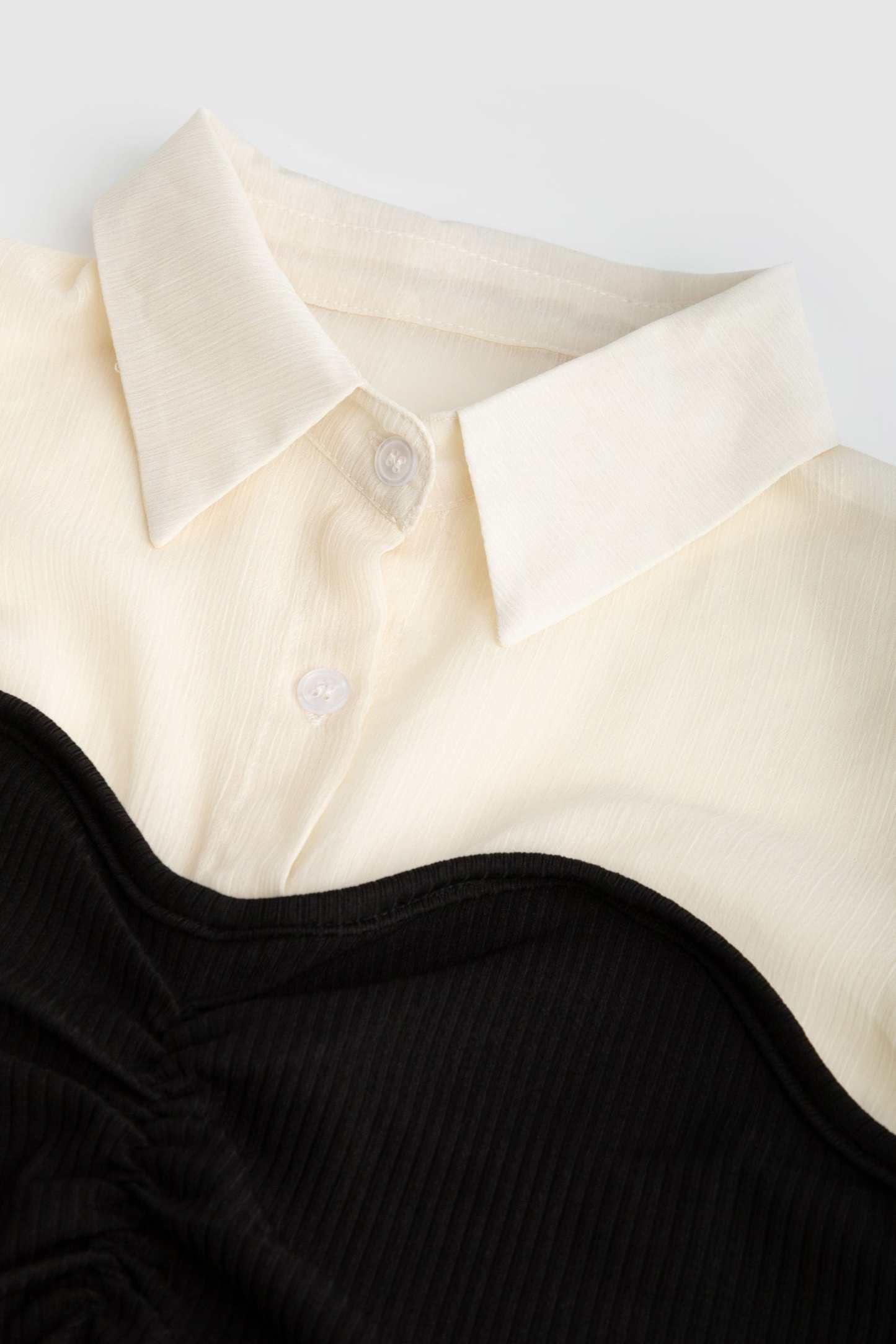 Black Contrast Mesh Puff Sleeve Polo Collar Blouse