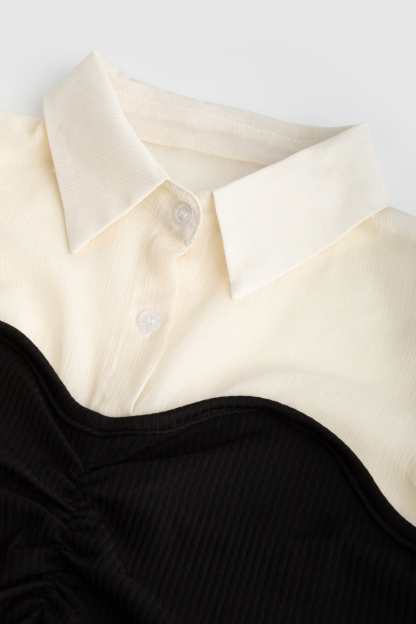 Black Contrast Mesh Puff Sleeve Polo Collar Blouse