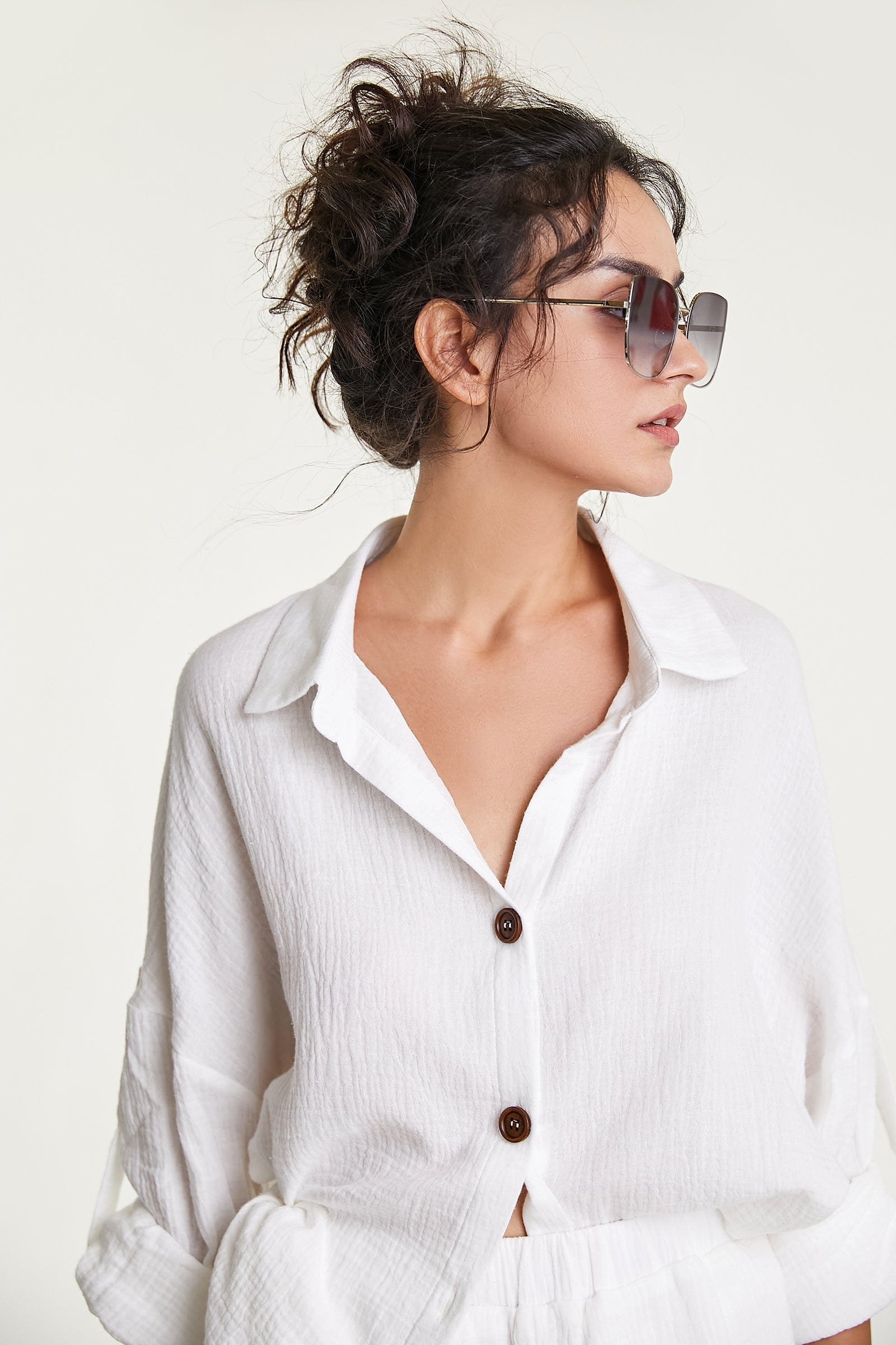White Cotton Button-Up Shirt & Shorts Two-Piece Set