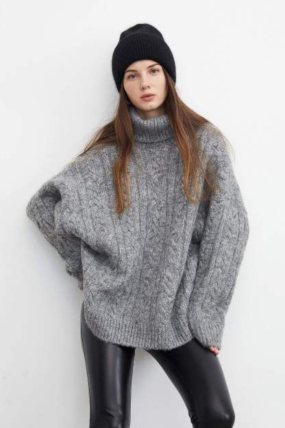 Chunky Grey Cable Knit Turtleneck
