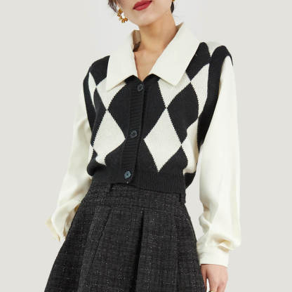 Black Diamond Layered Knit Cardigan Attached Vest