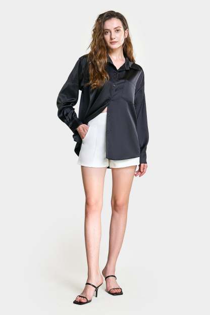 Black Satin Button Front Chest Pocket Shirt