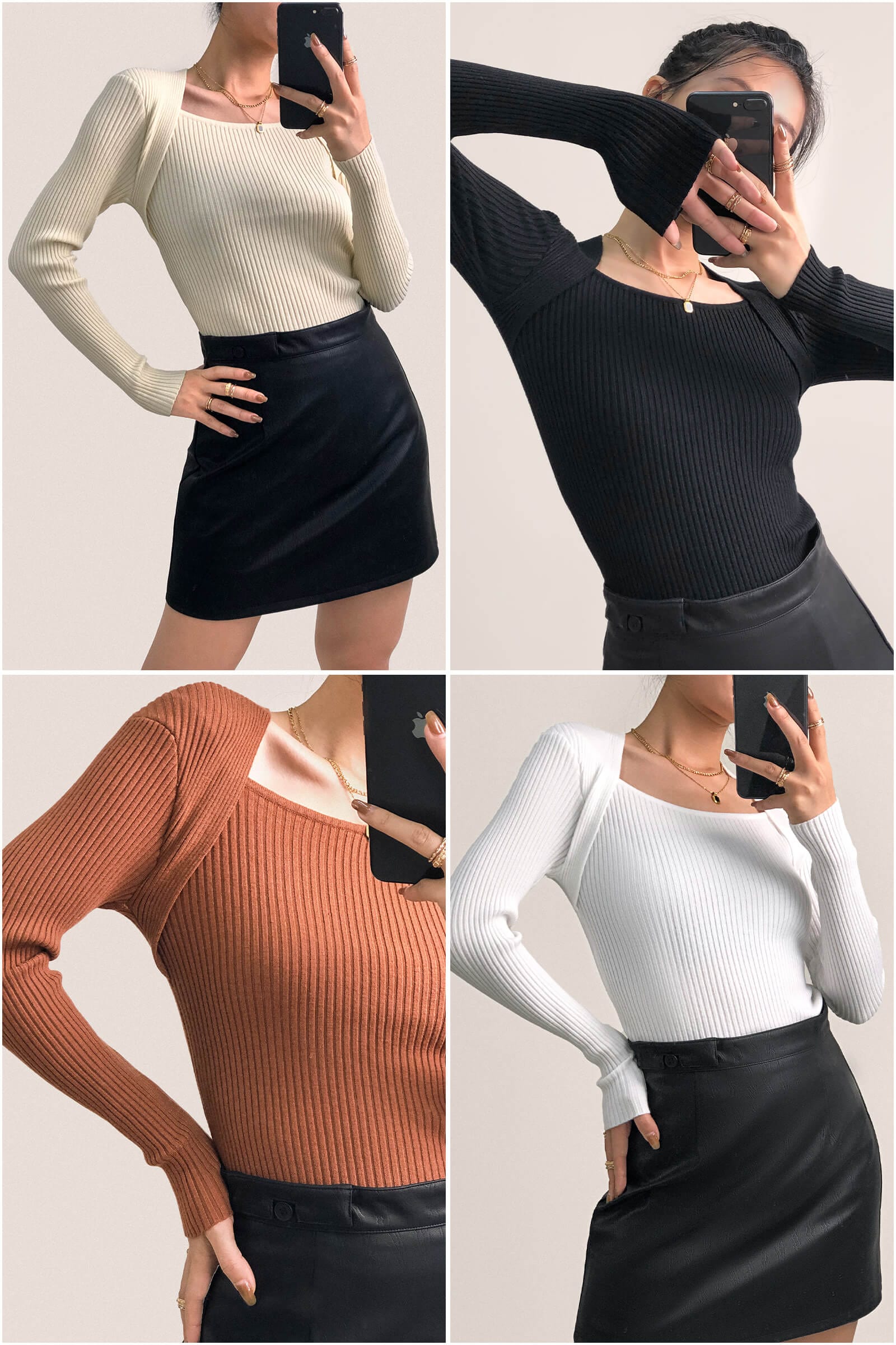 Brown Ribbed Knit Square Neck Sweater