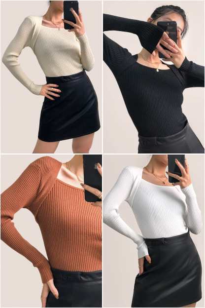 Brown Ribbed Knit Square Neck Sweater