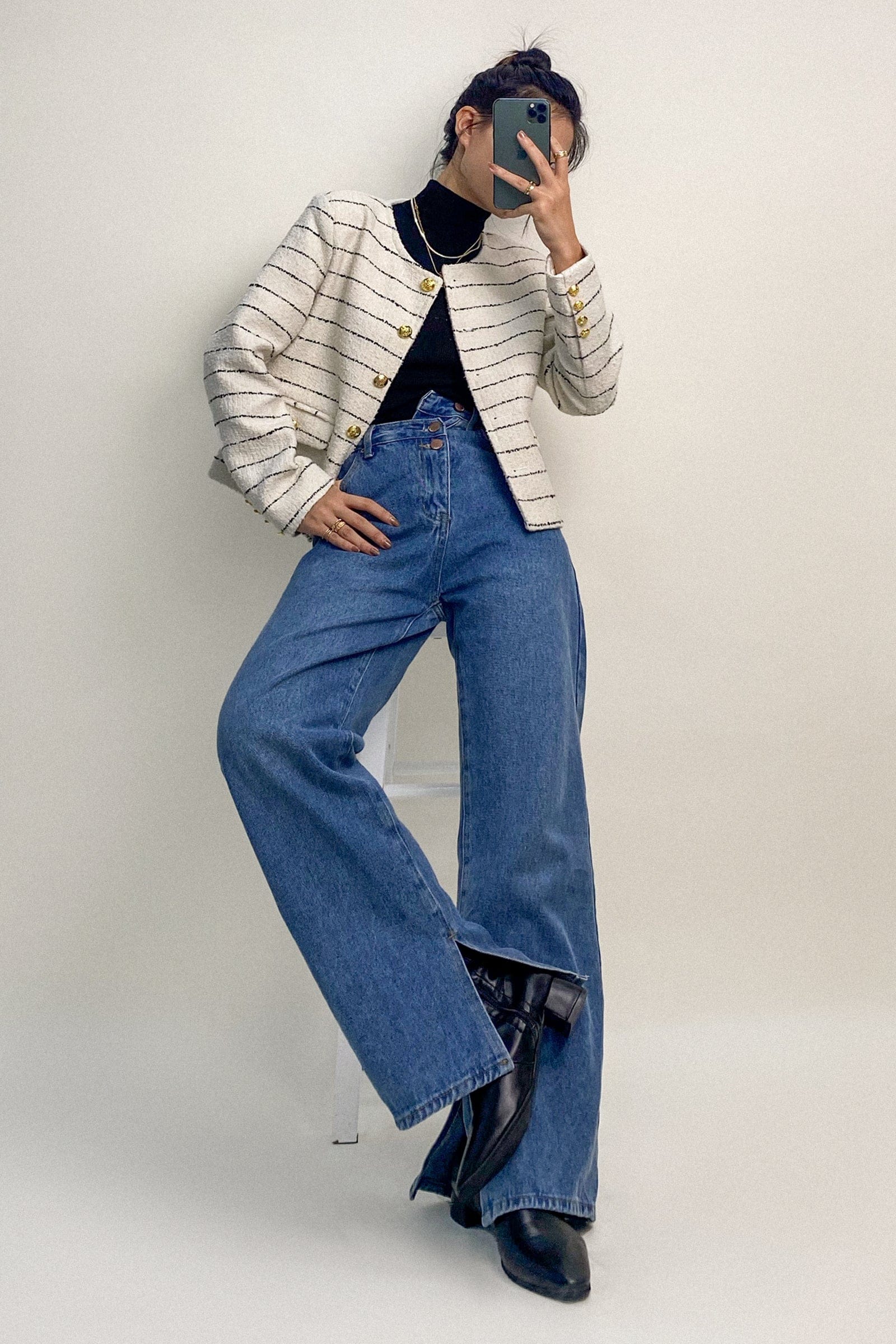 White Striped Tweed Jacket With Gold ButtonsJ.ING