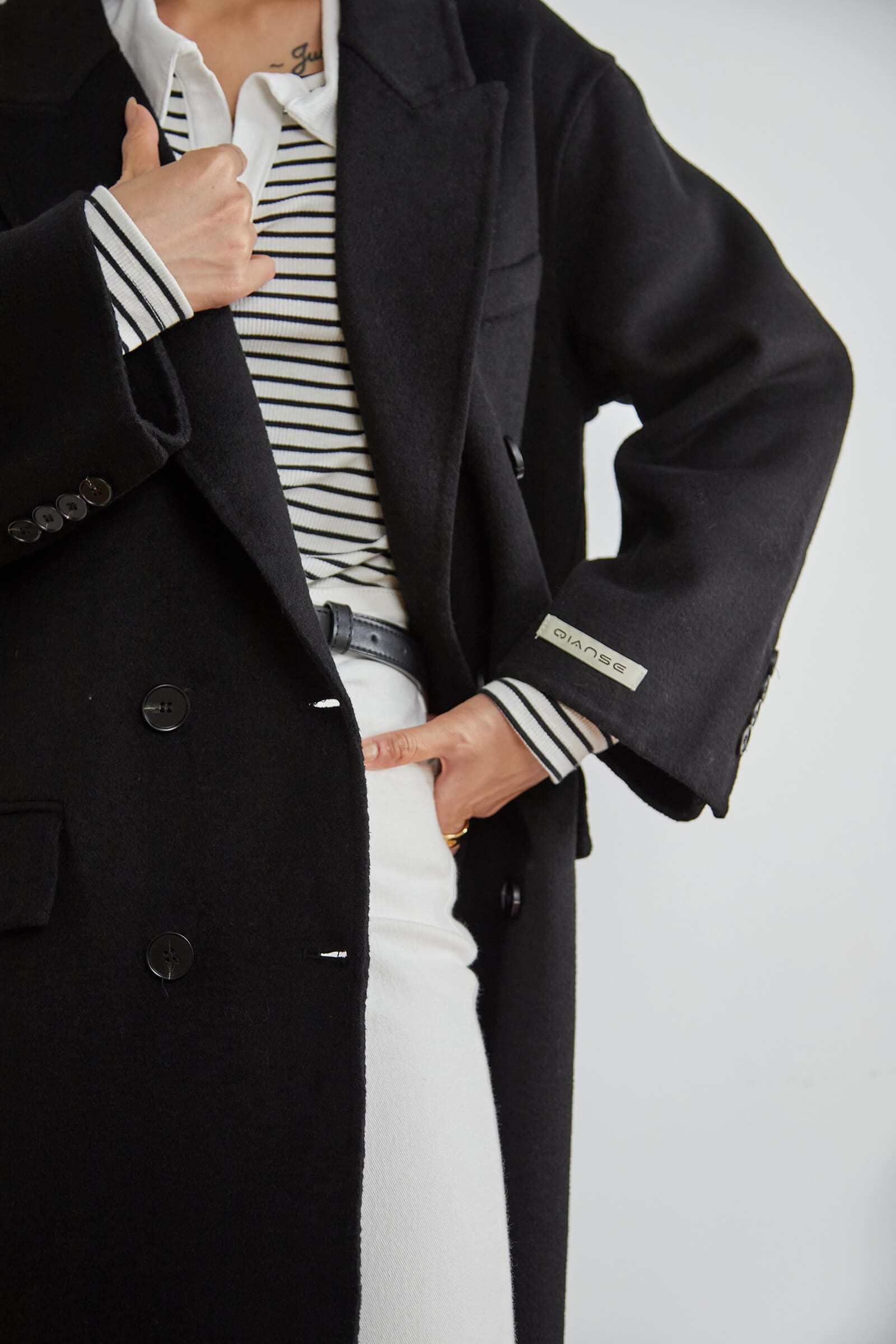 Black Premium Wool Double-Breasted Longline Coat