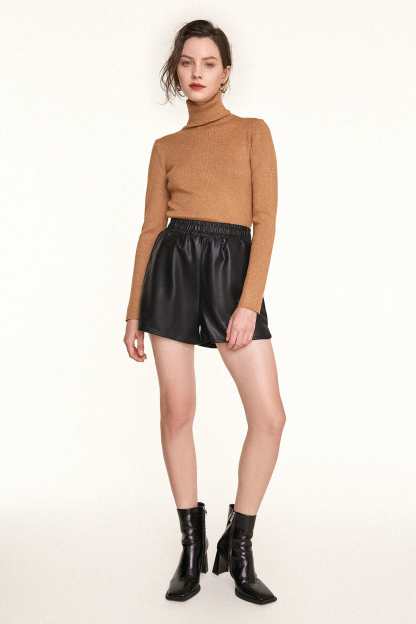 Black Elastic Waist Vegan Leather Shorts