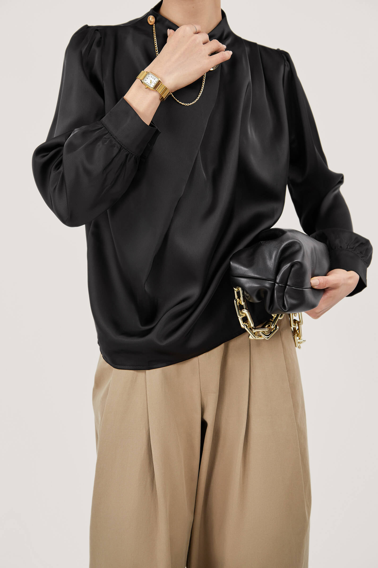 Black Mock Neck Ornamental Lantern Sleeve Blouse
