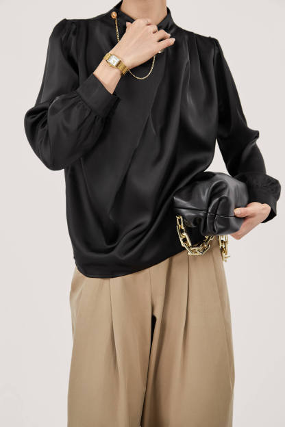 Black Mock Neck Ornamental Lantern Sleeve Blouse