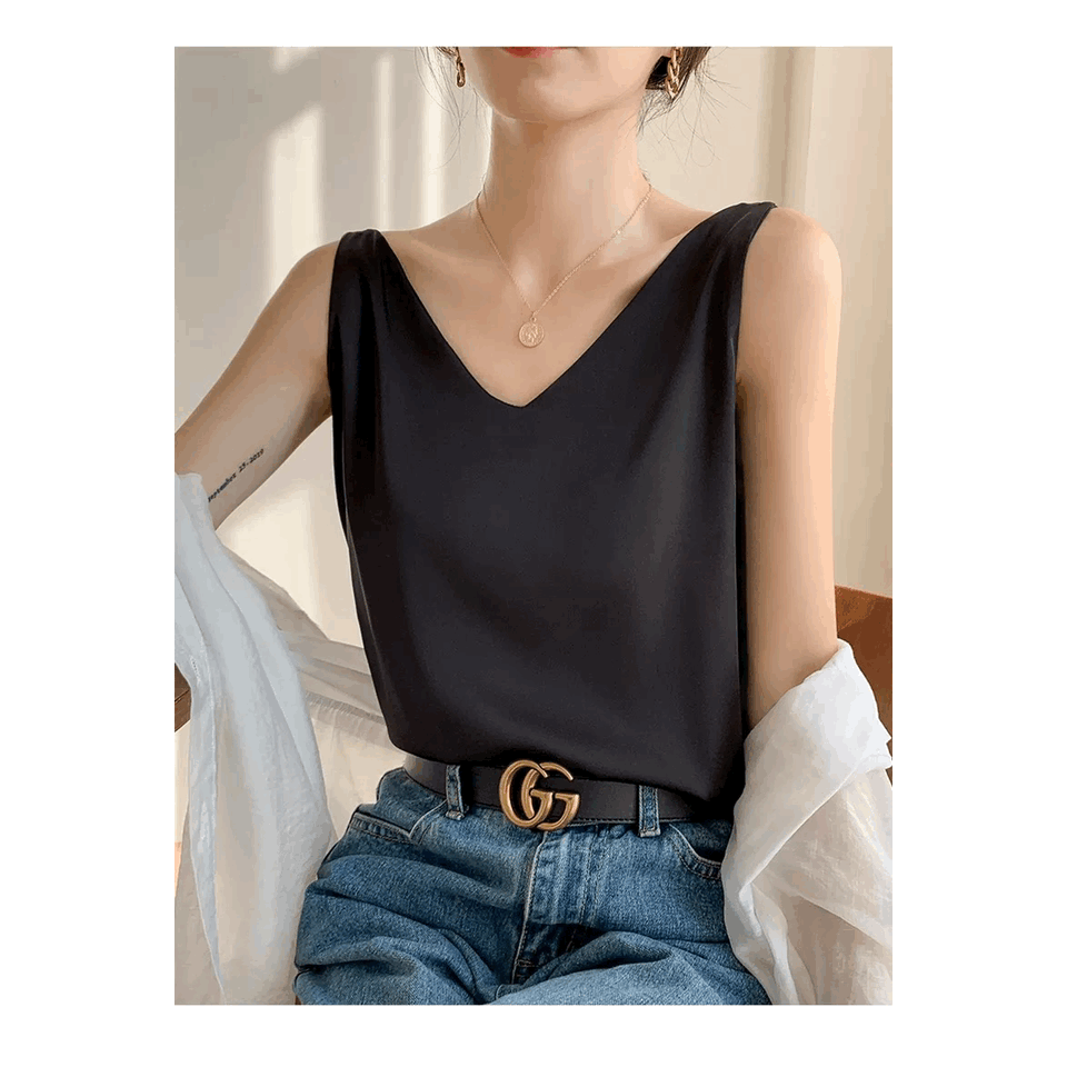 Black VNeck Vest Bottomed Top Pure CottonJ.ING