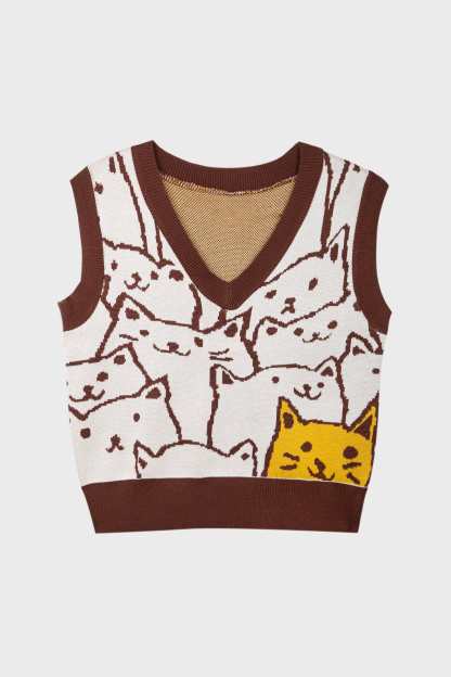 Saddle Brown Cat Print Knitted Vest