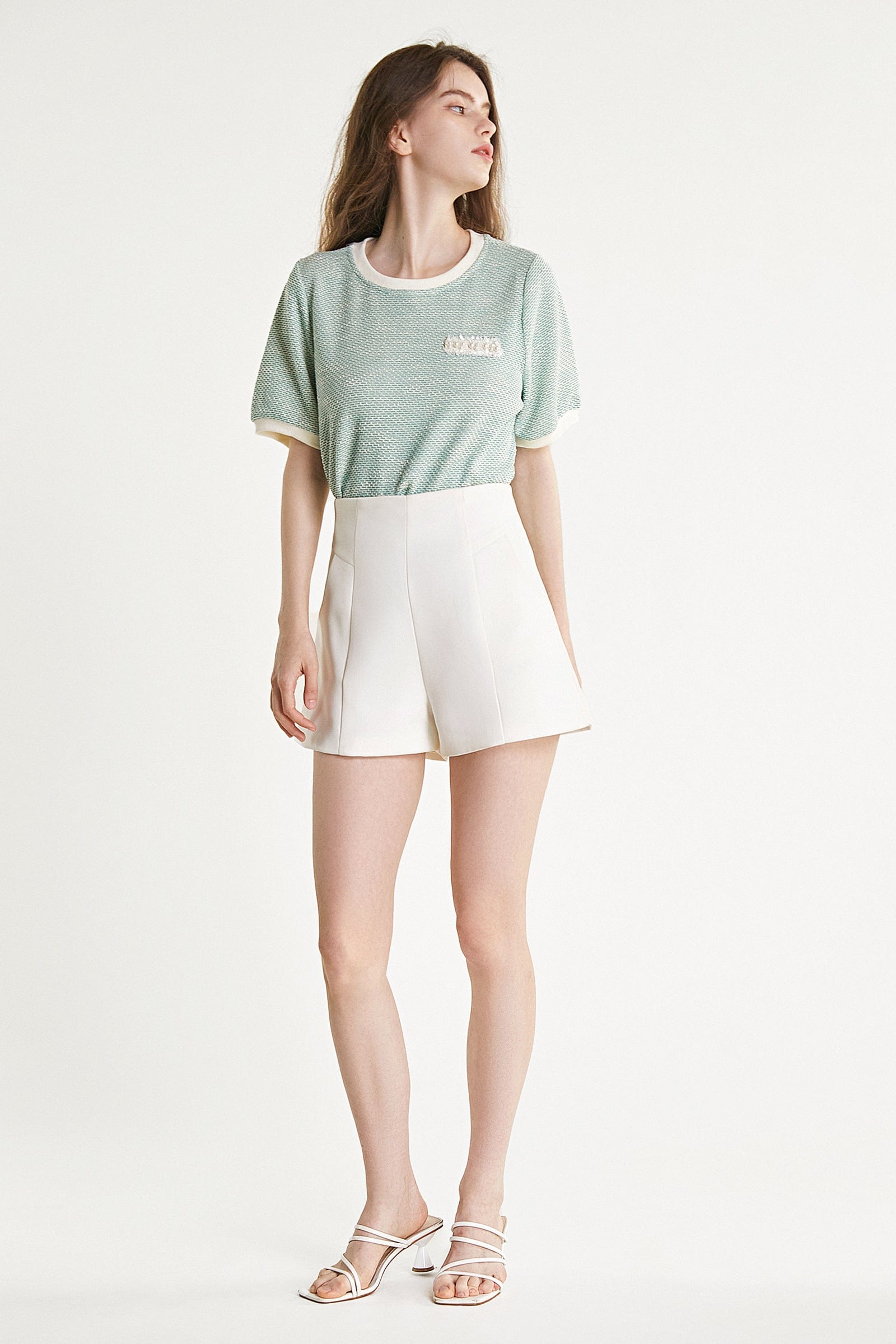 Light Green Textured Round Neck Contrast Trim Detail Blouse
