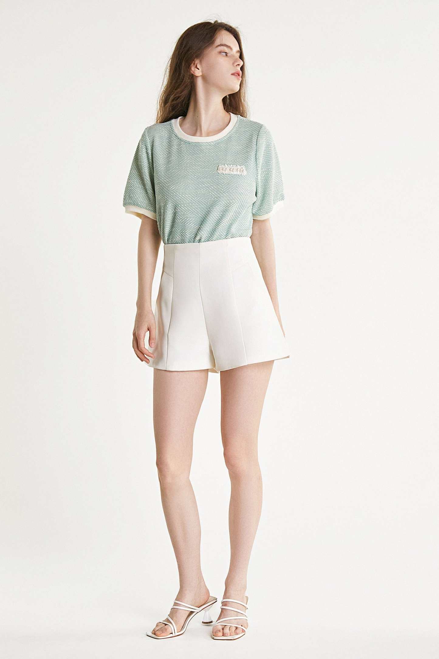 Light Green Textured Round Neck Contrast Trim Detail Blouse