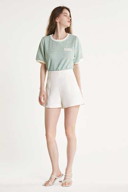 Light Green Textured Round Neck Contrast Trim Detail Blouse