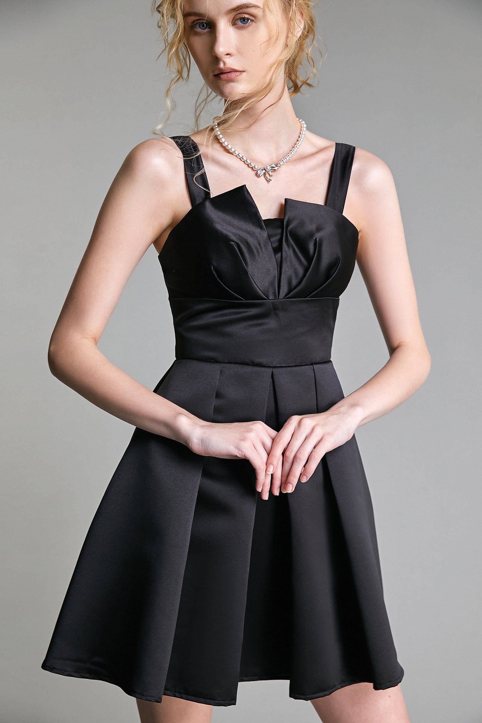 Black Satin Notched Flared Mini Dress