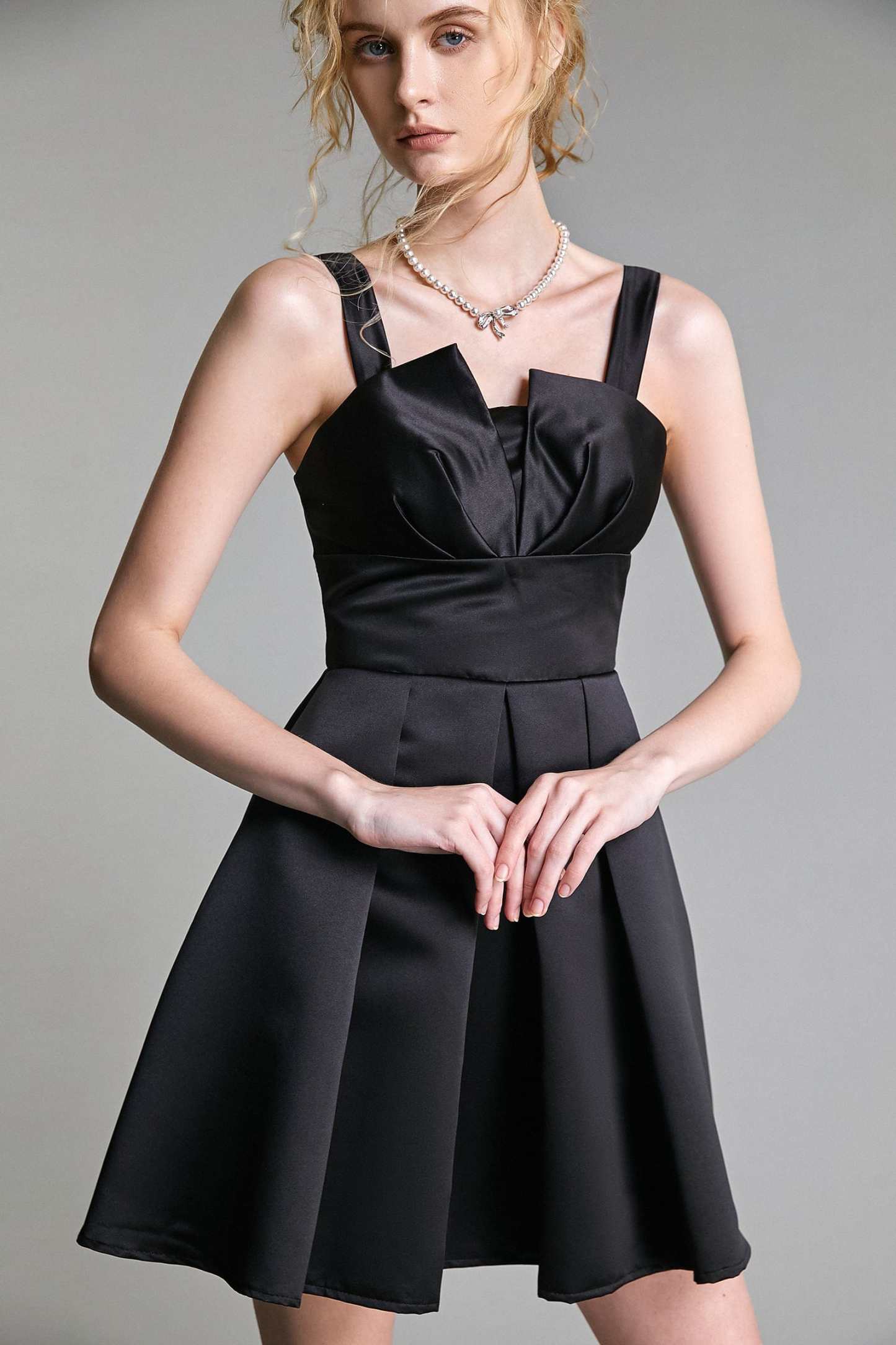 Black Satin Notched Flared Mini Dress