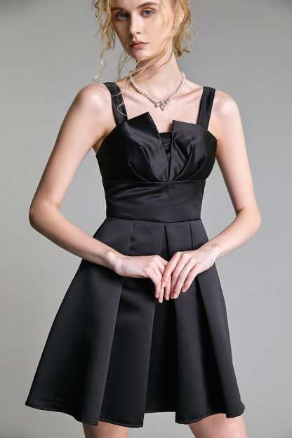 Black Satin Notched Flared Mini Dress