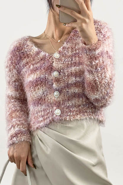 Pink Striped Fuzzy Knit Cardigan
