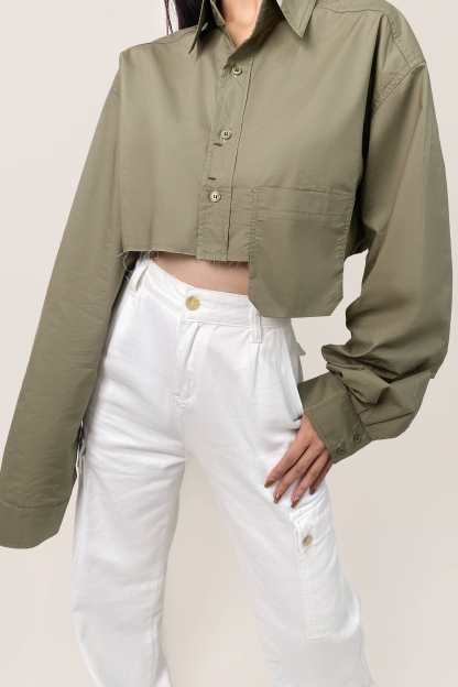 Dark Khaki Pocket Detail Cropped Shirt