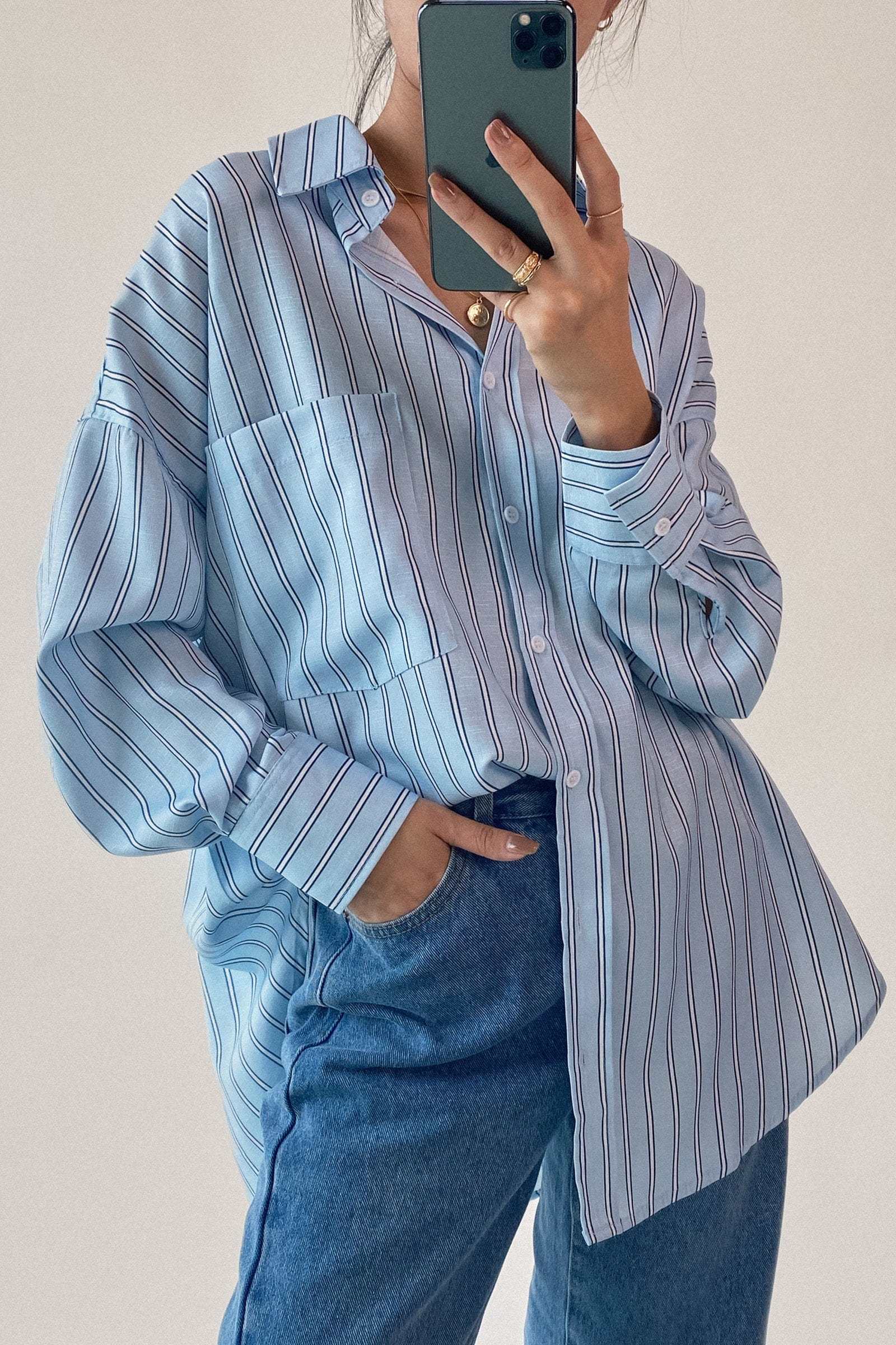 Light Blue Striped Pocket Button-Up Long Sleeve Shirt
