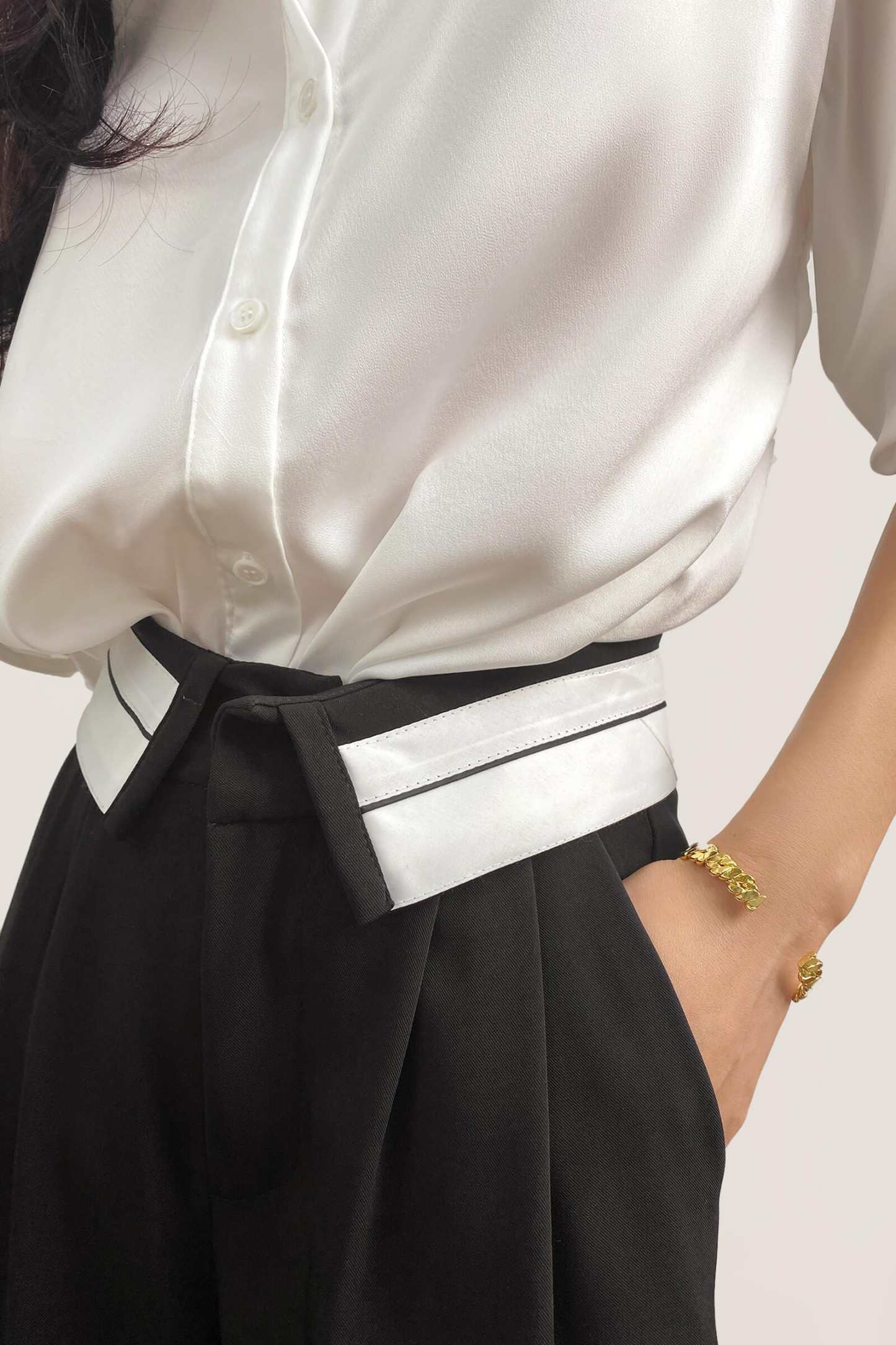 Black Contrast Foldover Waist Wide Leg Pants