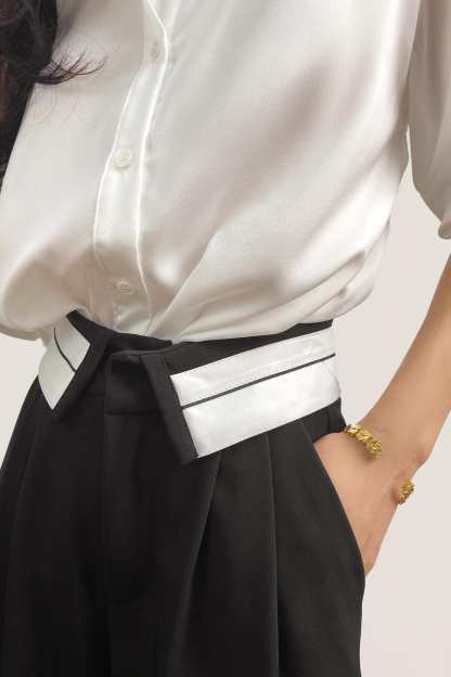 Black Contrast Foldover Waist Wide Leg Pants