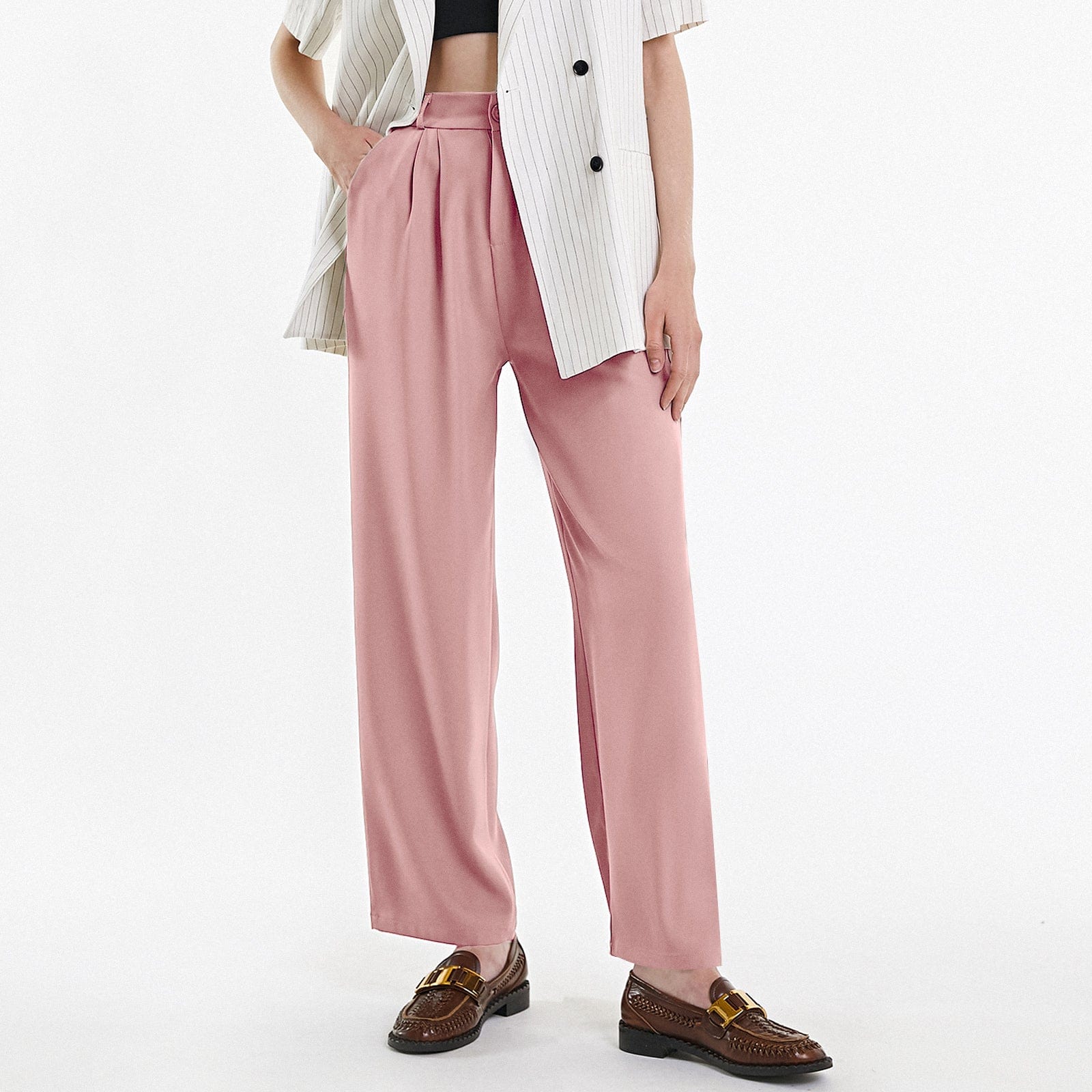 Pink Half Elastic Pleat Detail Wide Leg Suit Pants-J.ING