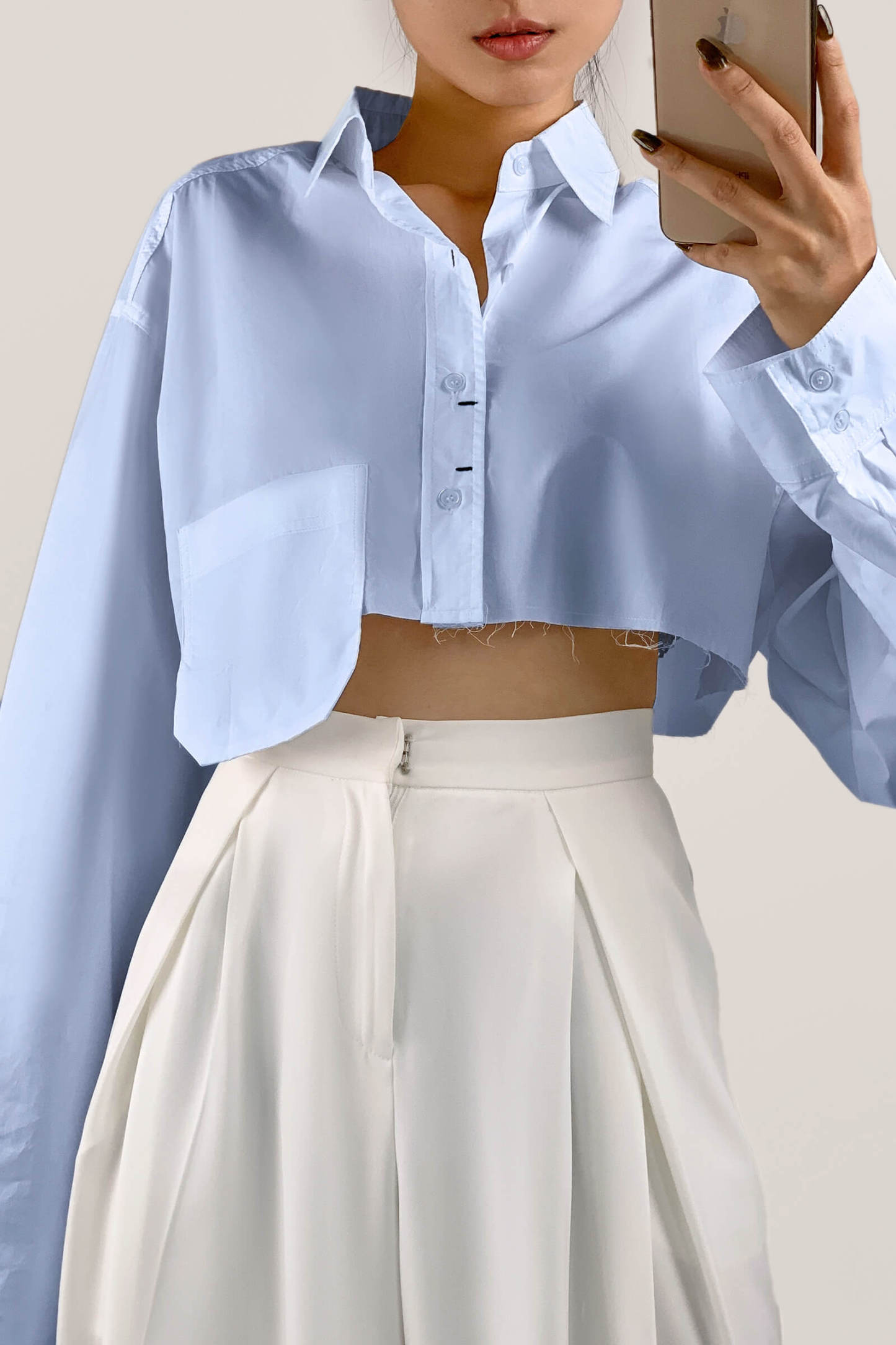 Light Blue Pocket Detail Cropped Shirt