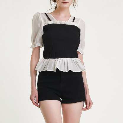 Black Ribbed Ruffled Patchwork Blouse