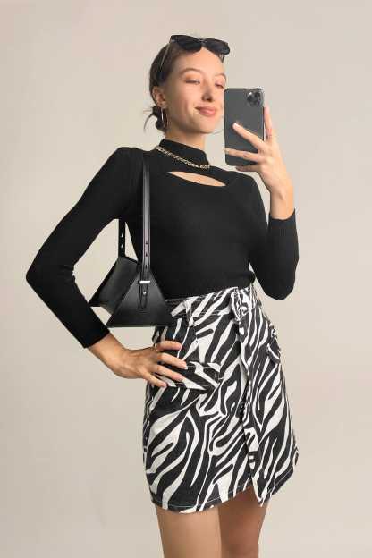 Black Mock Neck Front Cut Out Ribbed Knit Sweater