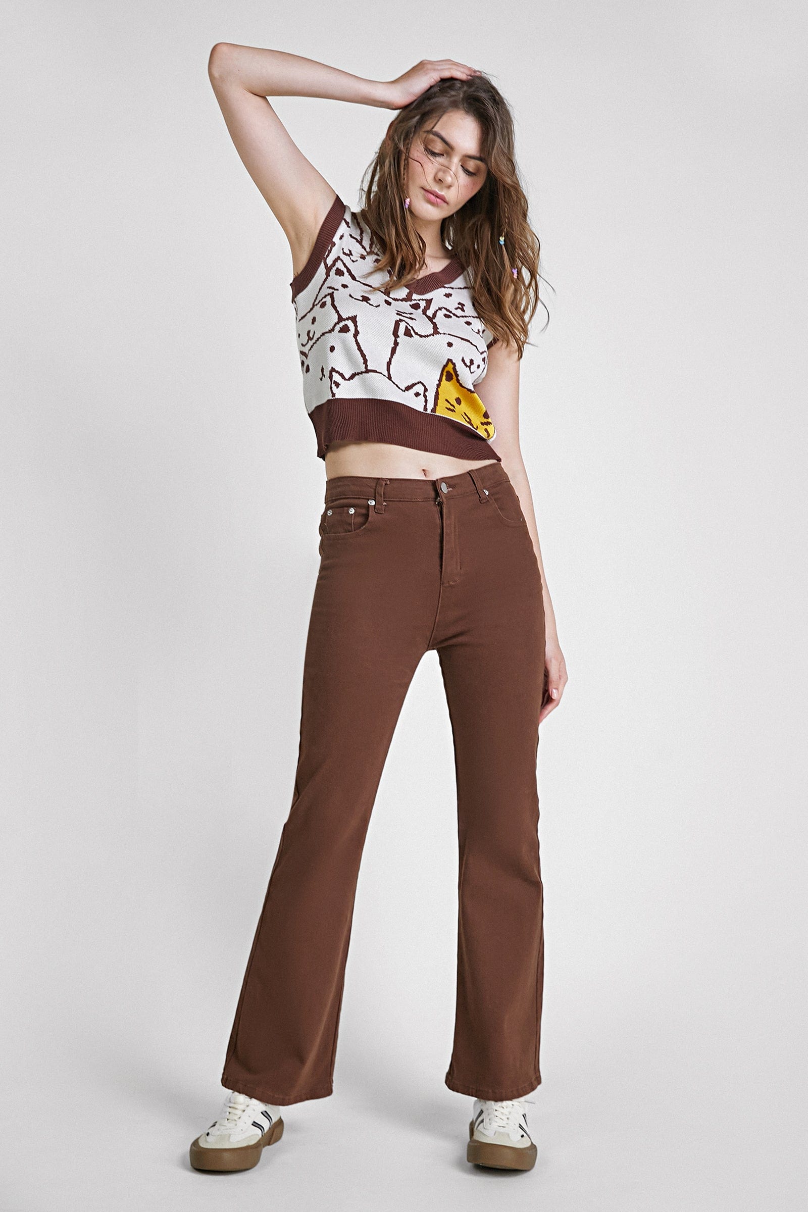 Saddle Brown Cat Print Knitted Vest