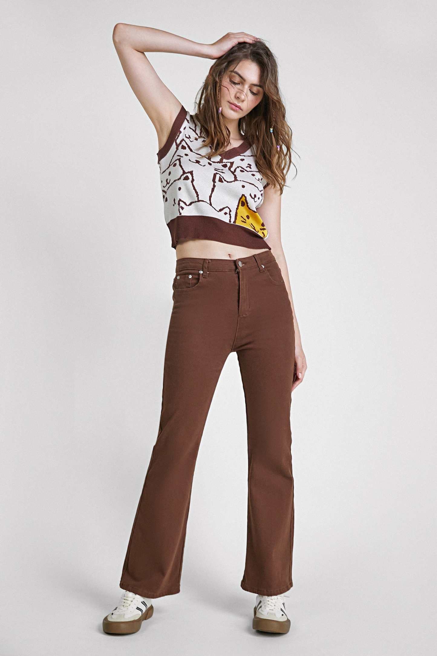 Saddle Brown Cat Print Knitted Vest