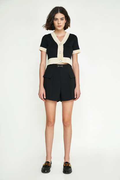 Black Contrast Trim Button-Up Cable Knit Cropped Cardigan