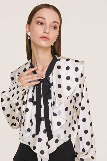 Ivory Polka Dot Flounce-Trimmed Tie Neck Chiffon Blouse