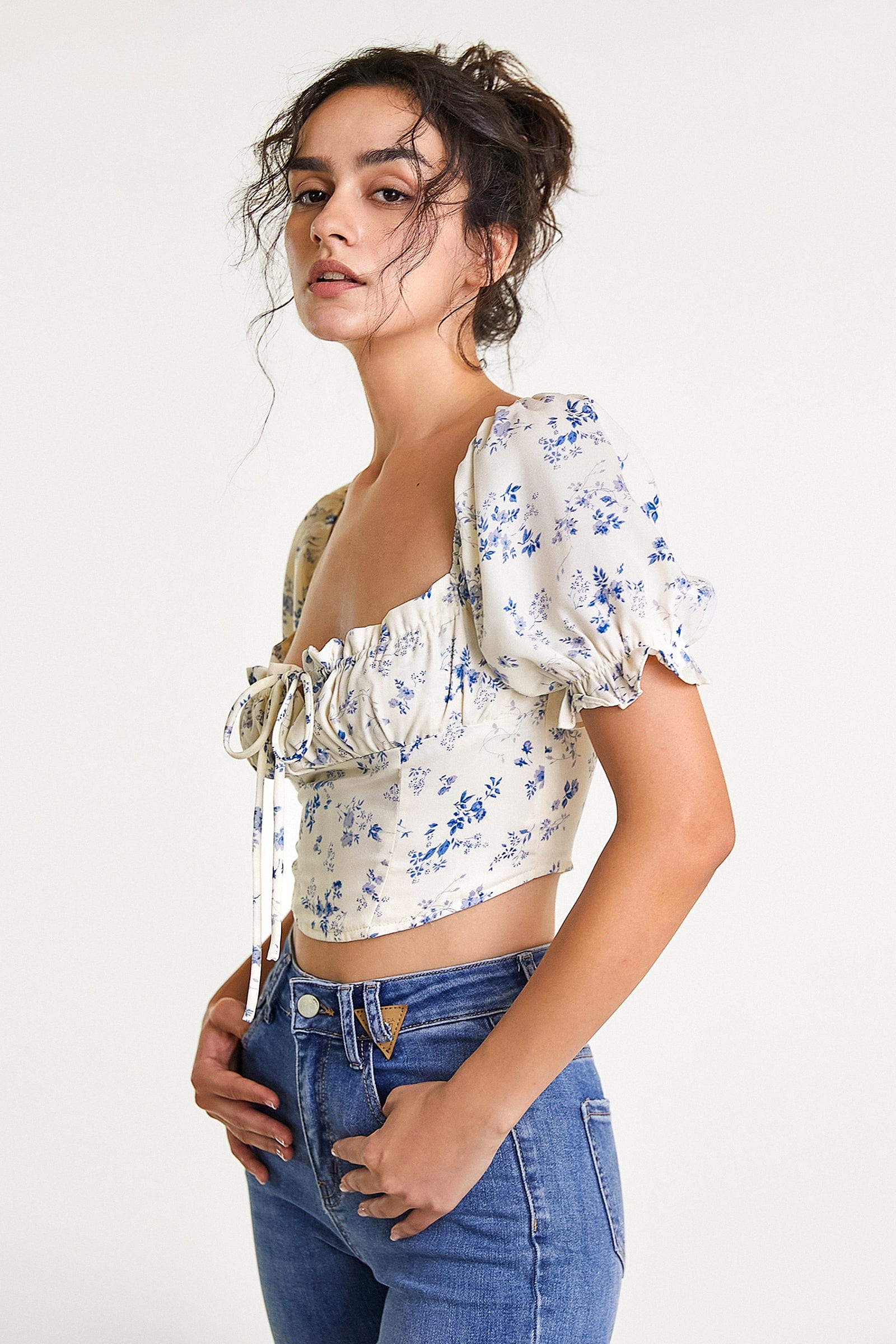 Ivory Floral Print Square Neck Cropped Blouse