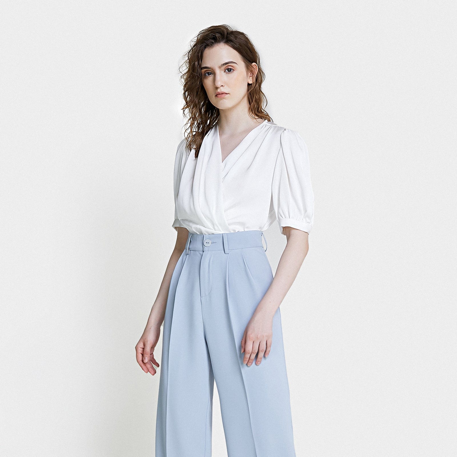White Surplice Neck Ruched Blouse