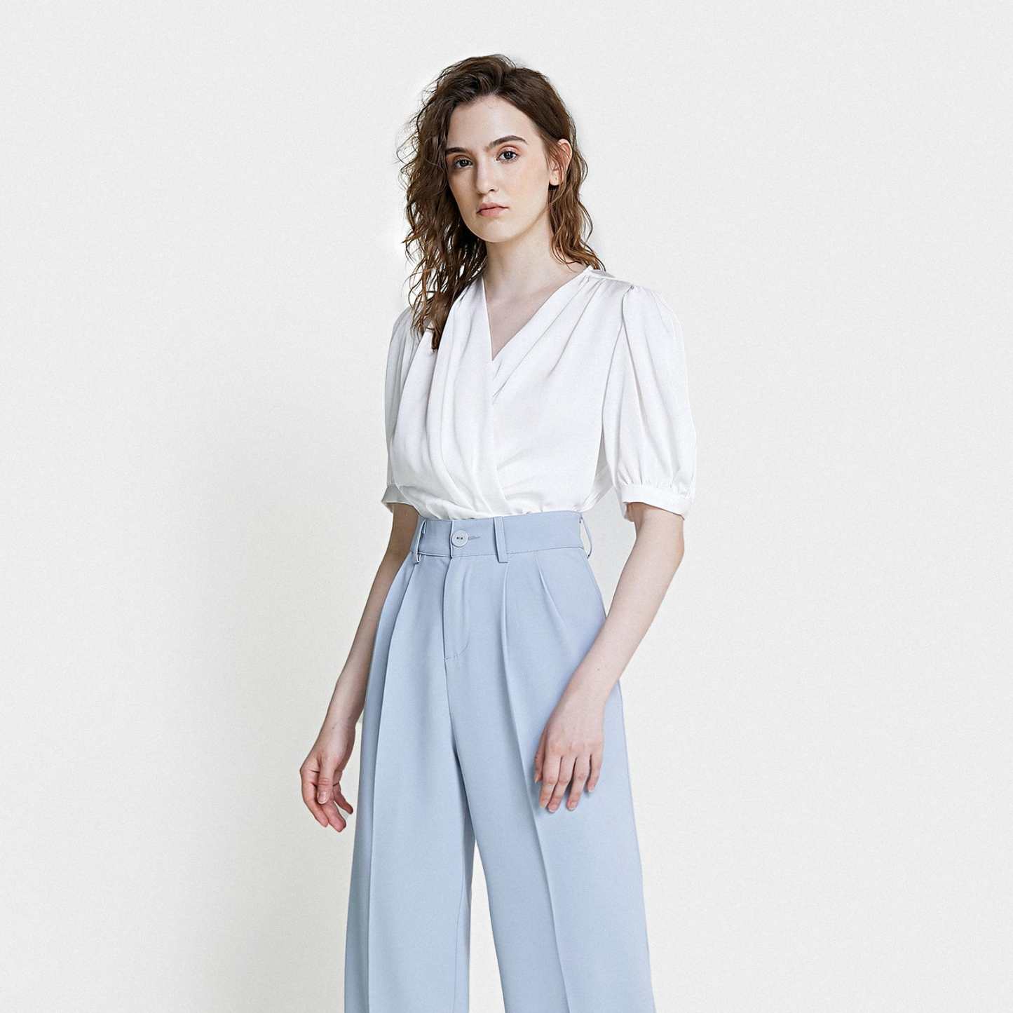 White Surplice Neck Ruched Blouse