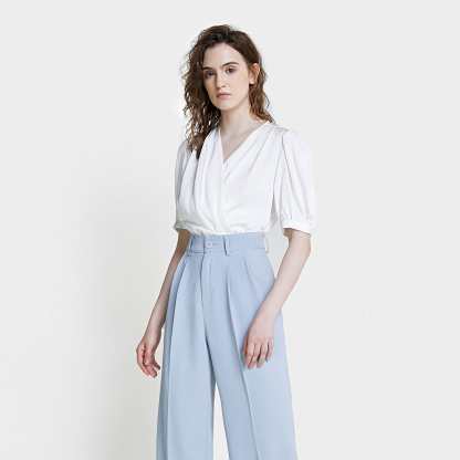 White Surplice Neck Ruched Blouse