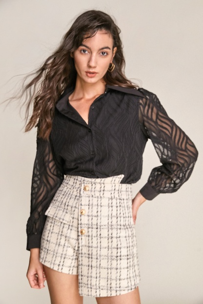 Black Pointed Collar Textured Mesh Shirt