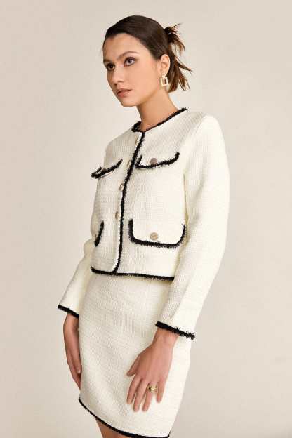 White Contrast Frayed Trim Tweed Jacket & Mini Skirt Two-Piece Set