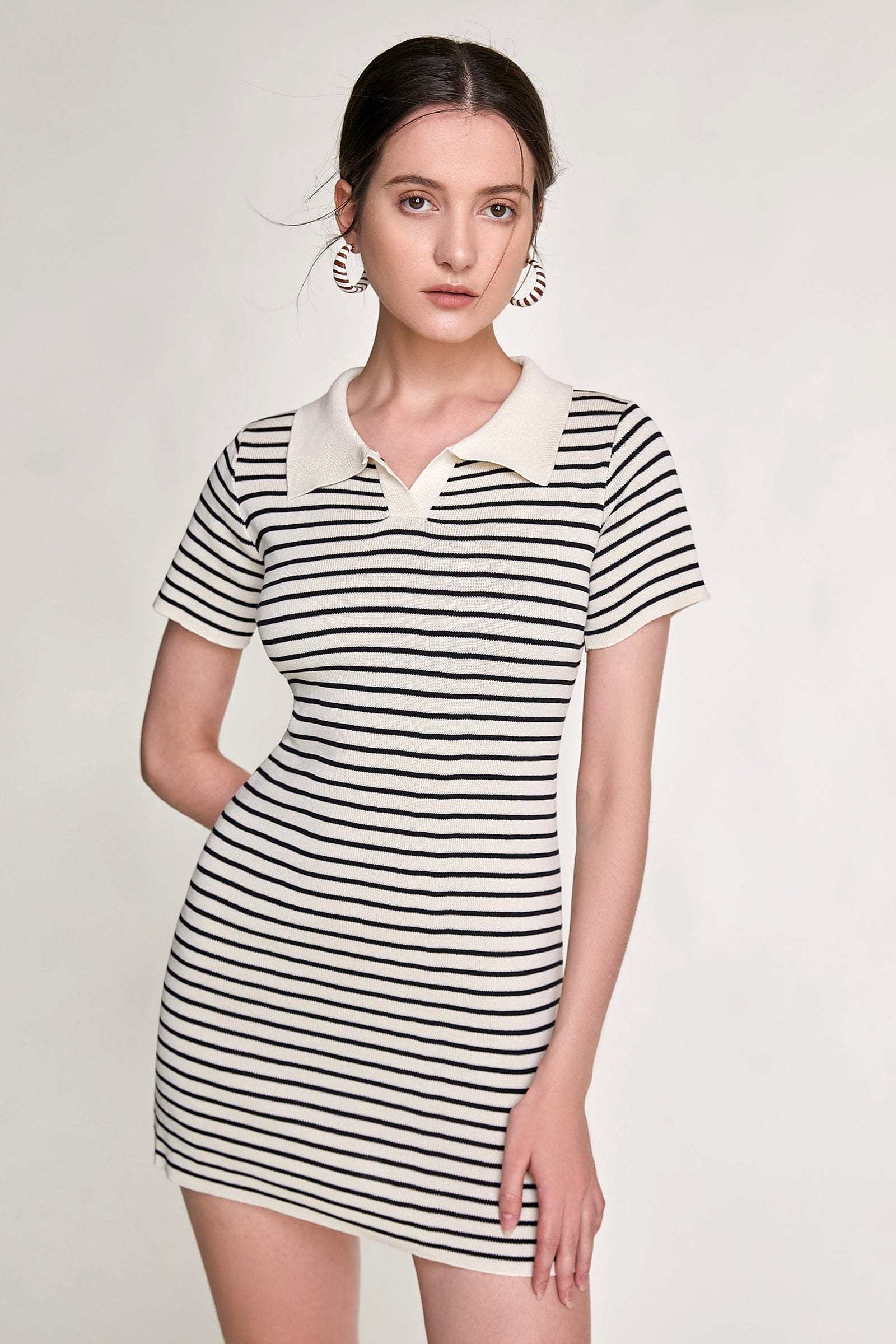 Black Striped Knitted Polo Mini Dress