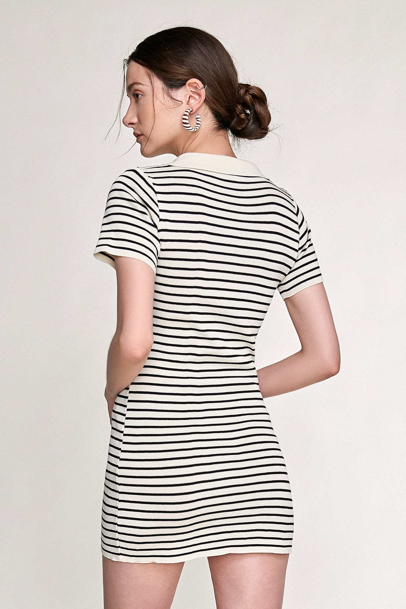 Black Striped Knitted Polo Mini Dress