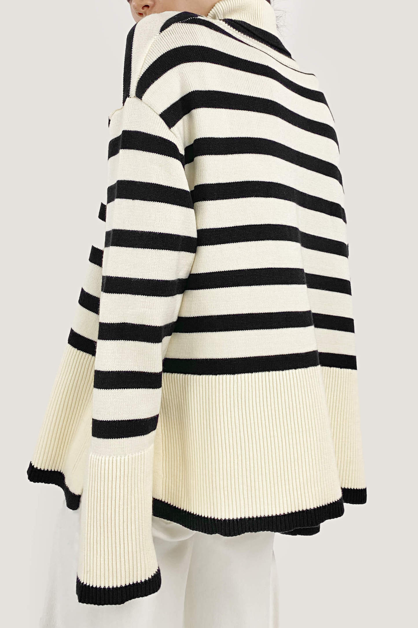 White Roll Neck Striped Ribbed Pullover Sweater