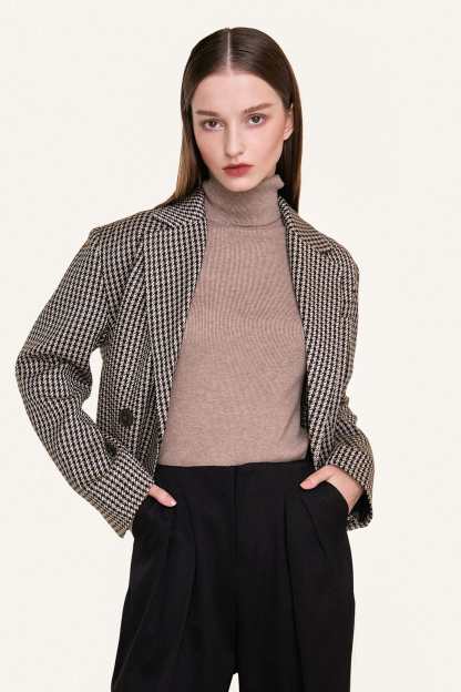 Sienna Double-Breasted Houndstooth Cropped Blazer