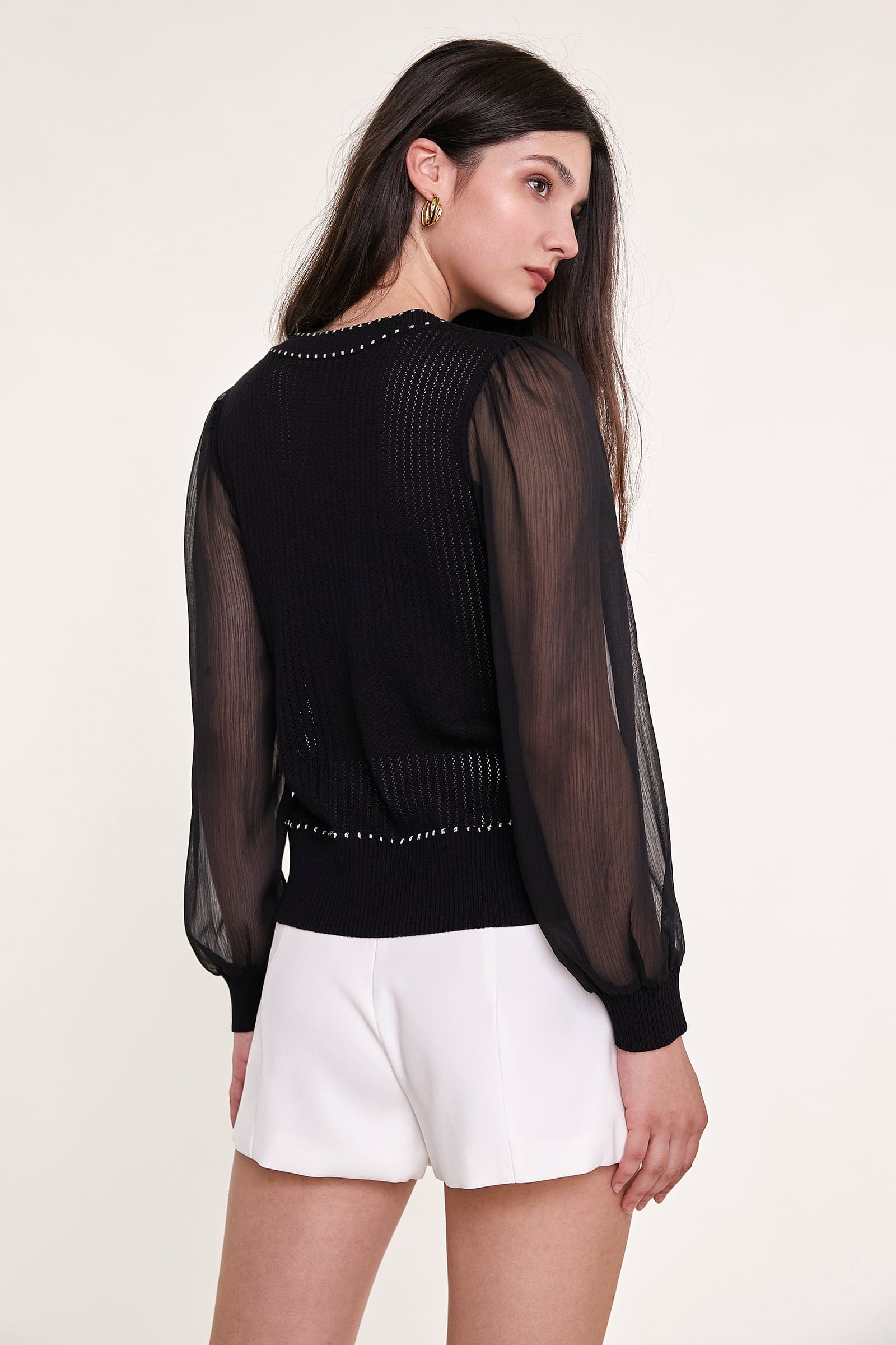 Black Sheer Long Sleeve Pointelle-Knit Cardigan With Gold Buttons