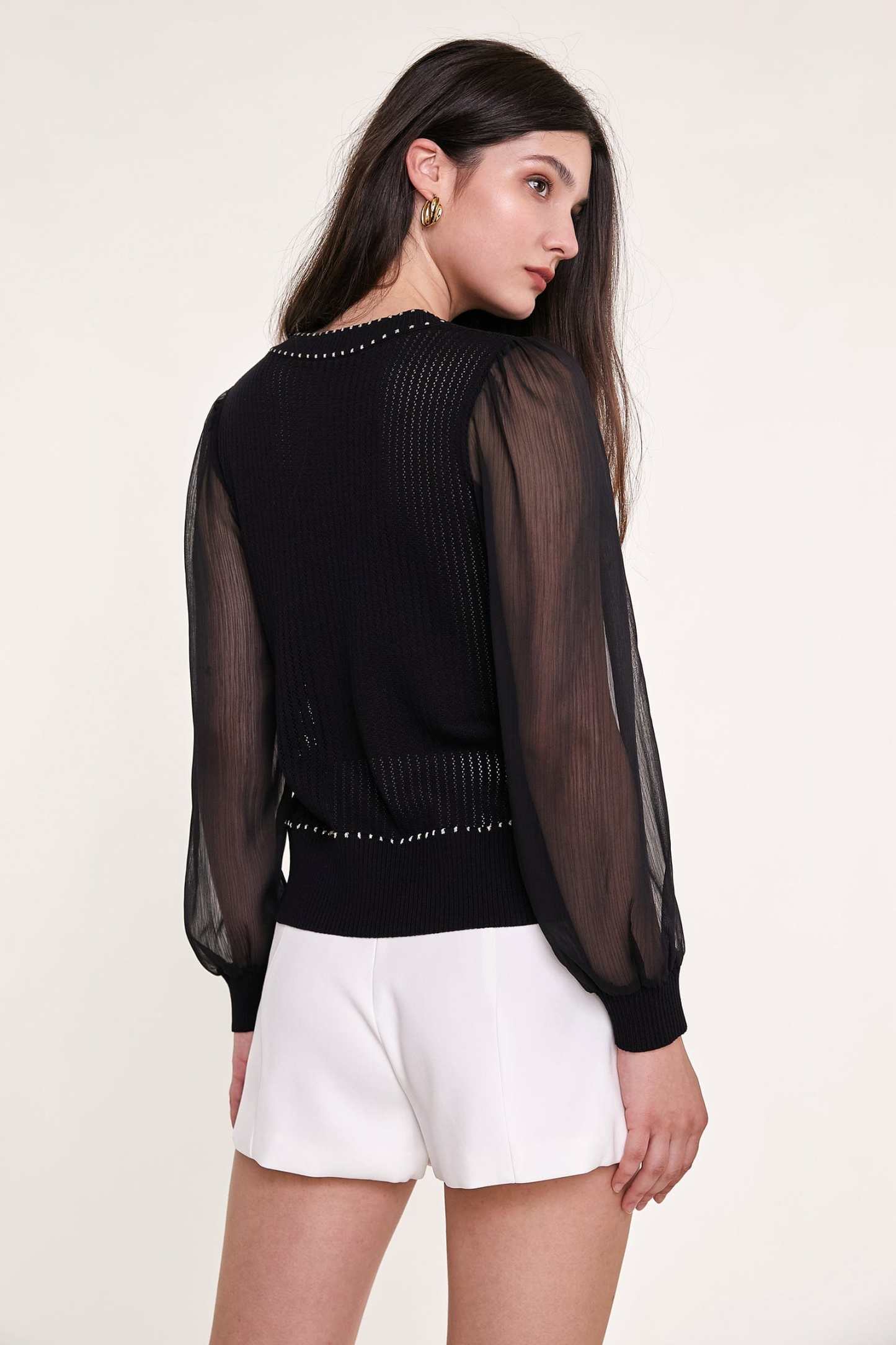 Black Sheer Long Sleeve Pointelle-Knit Cardigan With Gold Buttons
