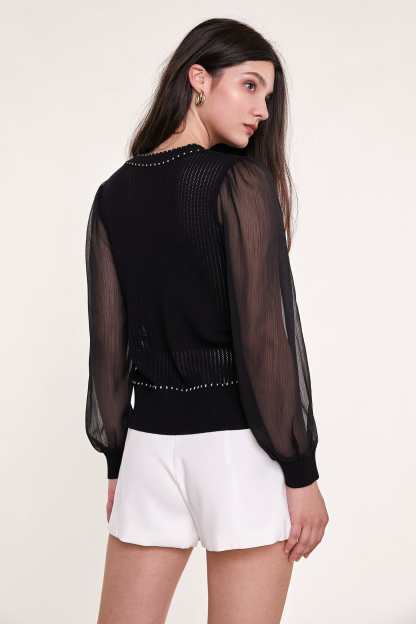 Black Sheer Long Sleeve Pointelle-Knit Cardigan With Gold Buttons